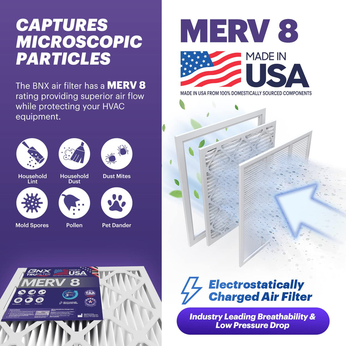 TruFilter 20x25x1 Air Filter MERV 8 (6-Pack) - MADE IN USA – Dust & Pet Defense Electrostatic Pleated Air Conditioner