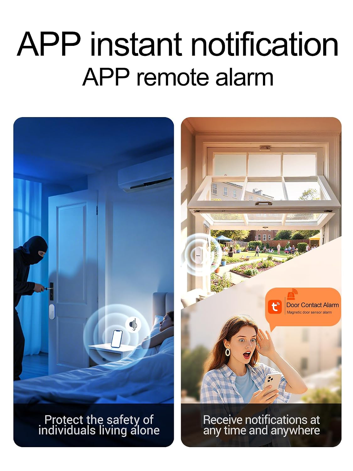 WiFi Door Window Alarm Sensor, Smart Wireless Magnetic Contact Sensor with Real-Time App Alerts, Compatible with