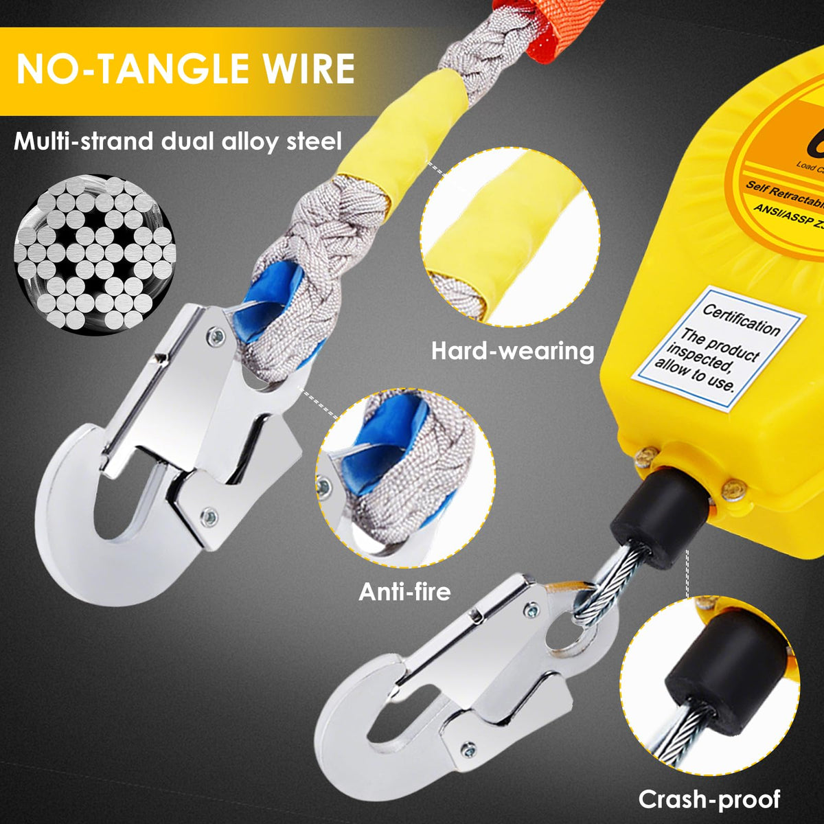 Fall Arrester Protector Self Retractable 33FT Fall Protection Gear Double Locking, Dual PPE+Alloy Steel housing Heavy