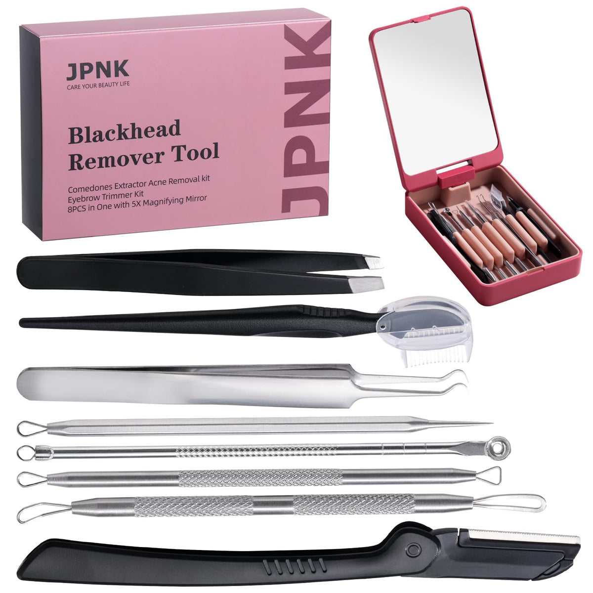 Blackhead Remover Tool Comedones Extractor Acne Removal kit & Eyebrow Trimmer Kit, 8PCS in One with 5X Magnifying