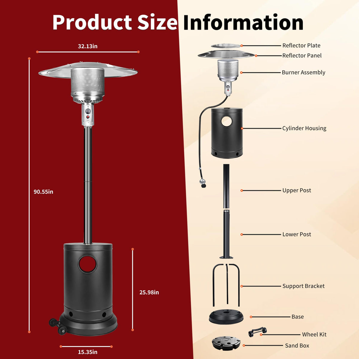 Jet Black 50,000 BTU Propane Patio Heater, Multiple Color Available, Outdoor Heater with Weighted Base, Adjustable