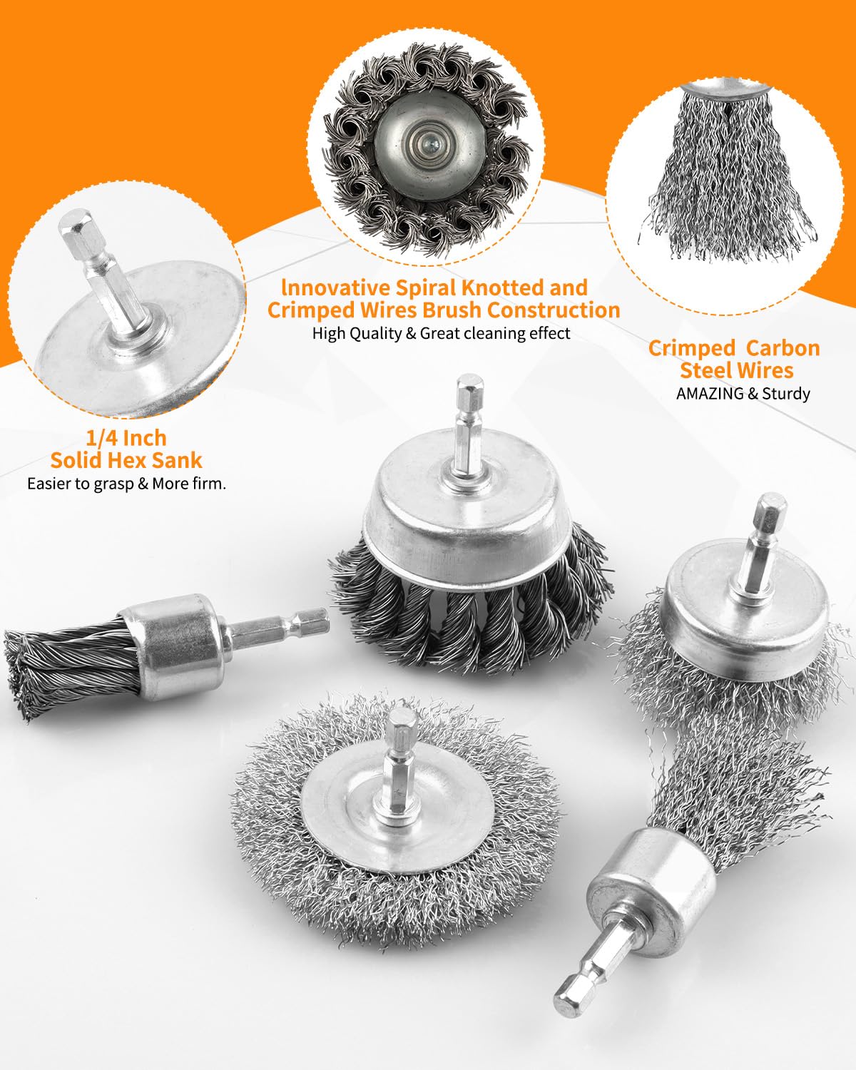 WENHUALI 5 Pcs Drill Wire Brush Set, Heavy Duty Wire Brush Wheel for Drill