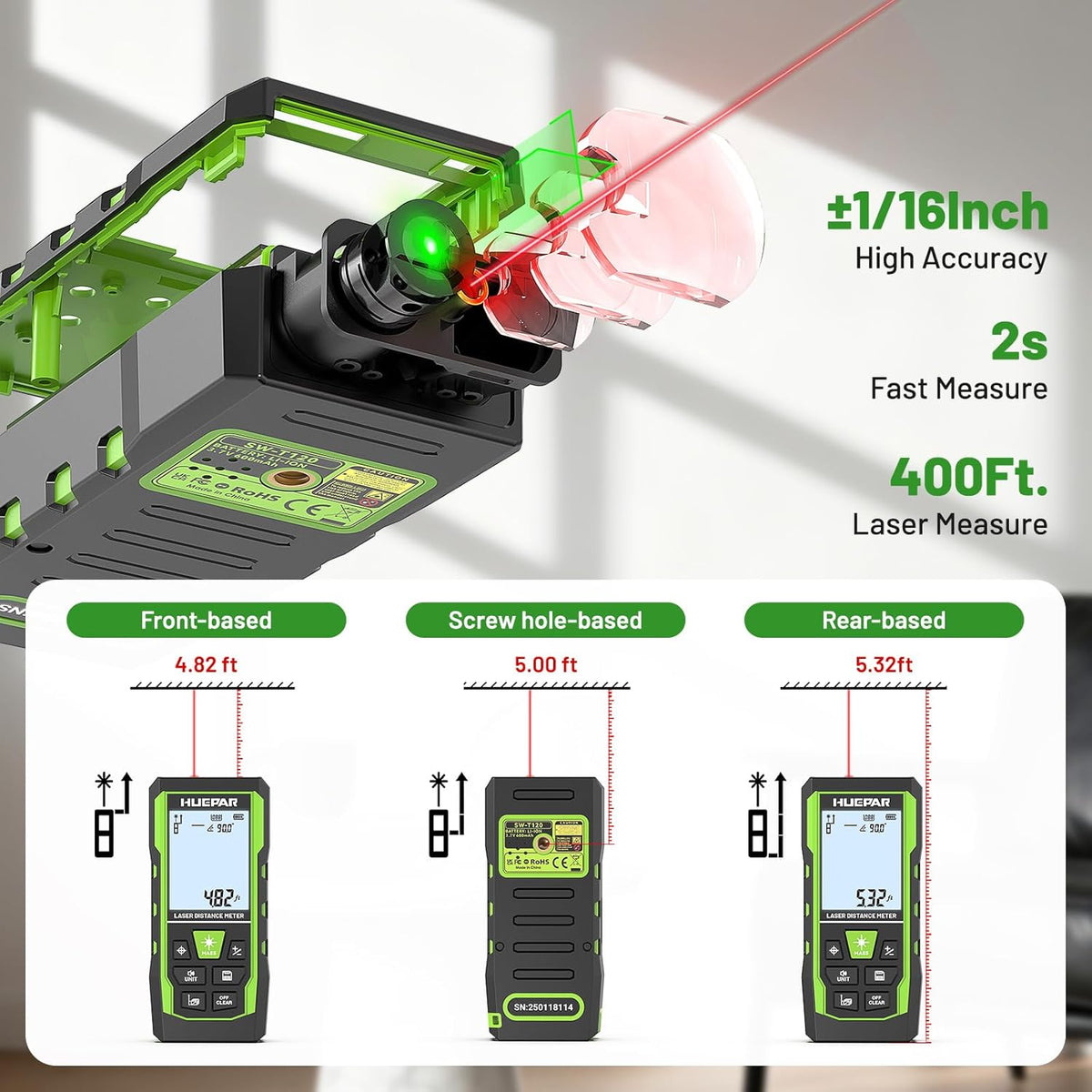 3-in-1 Laser Measuring Tool, 400Ft Laser Measure & 33Ft Green Cross Line Laser Level & 6.5Ft Tape Measure