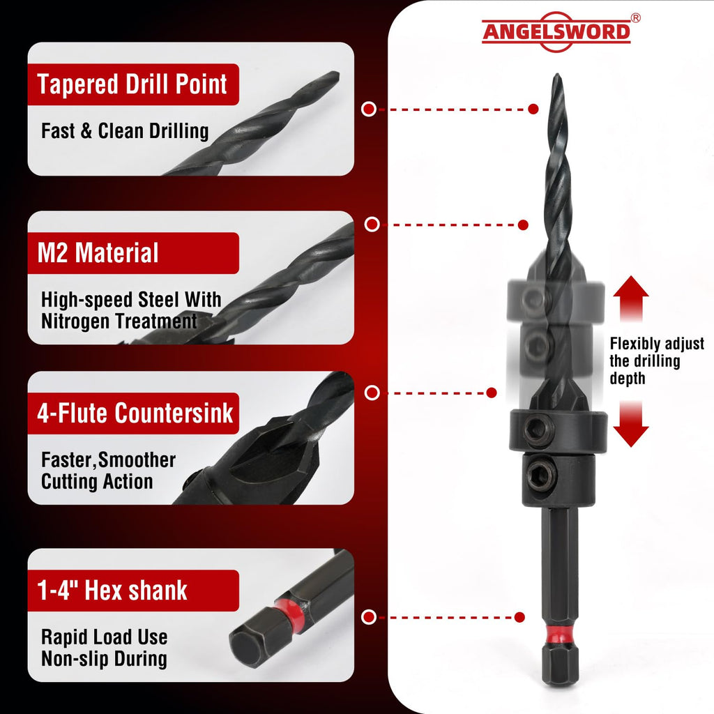 ANGELSWORD Countersink Drill Bit Set for Wood, 5pc Tapered Drill Bits