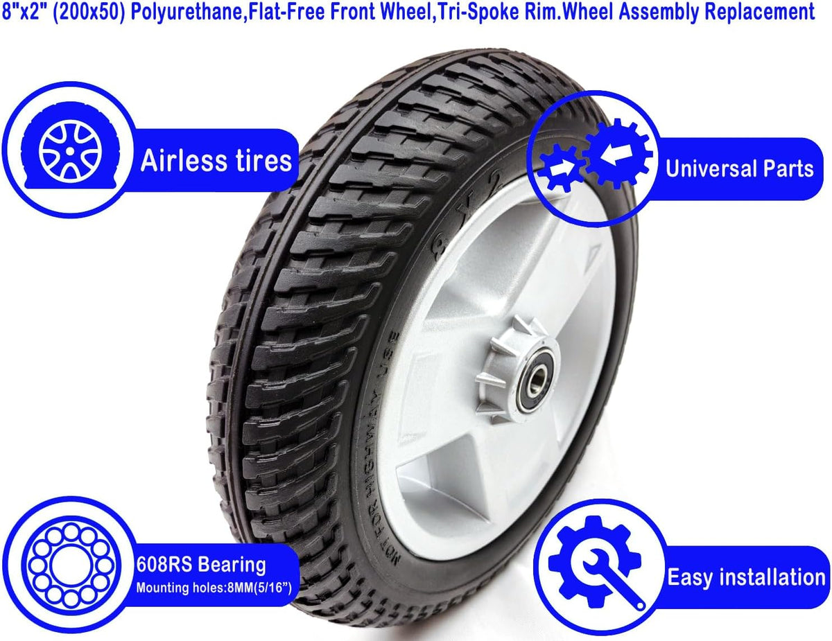 Mobility scooter replacement wheel,8"x2" (200x50) Flat-Free Front Wheel Tri-Spoke Rim for Go-Go & Pride 3-Wheel Travel Mobility Scooters (WHLASMB1872),W/bearing,Silver+Black,1Ea