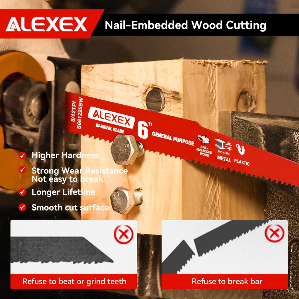 25 Pack 6Inch 8/12 TPI Reciprocating Saw Blades for Nail-Embedded Wood Demolition, Bi-Metal Blades for General Purpose Cuts, Wood Cutting, Metal and PVC Pallets, Compatible with Diablo Sawzall Blades