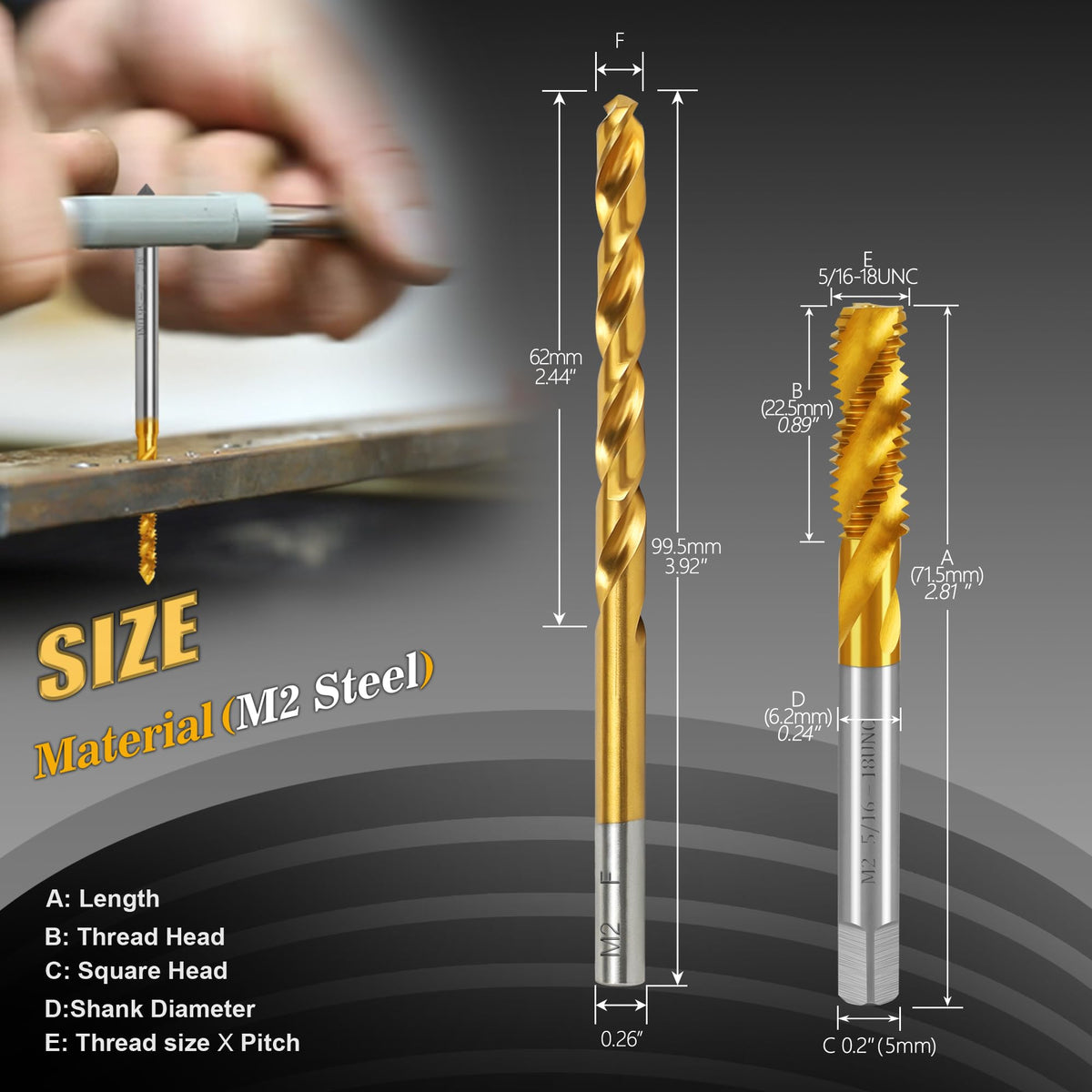 5/16"-18 UNC Spiral Flute Thread Tap and F Drill Bit Set for Metal