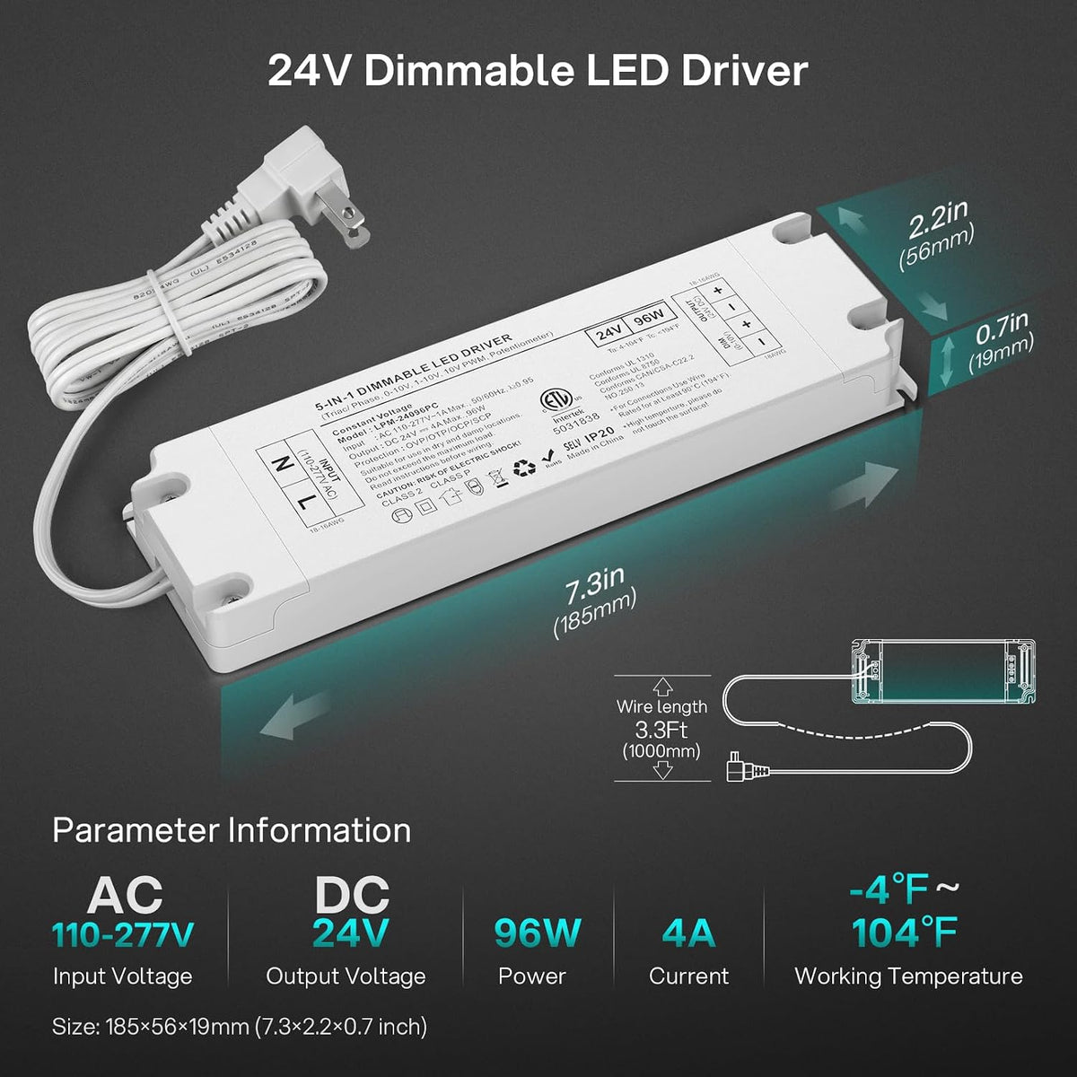 24V 96W 5-in-1 Dimmable LED Driver, 24V Dimmable Transformer ETL Certified
