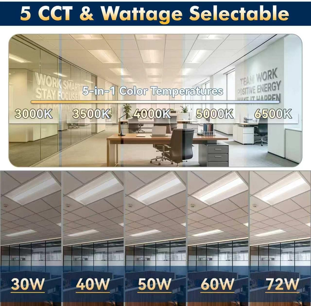 2x4 LED Troffer Light, 5 Wattages, 5CCT, 0-10V Dimmable, 4 Pack