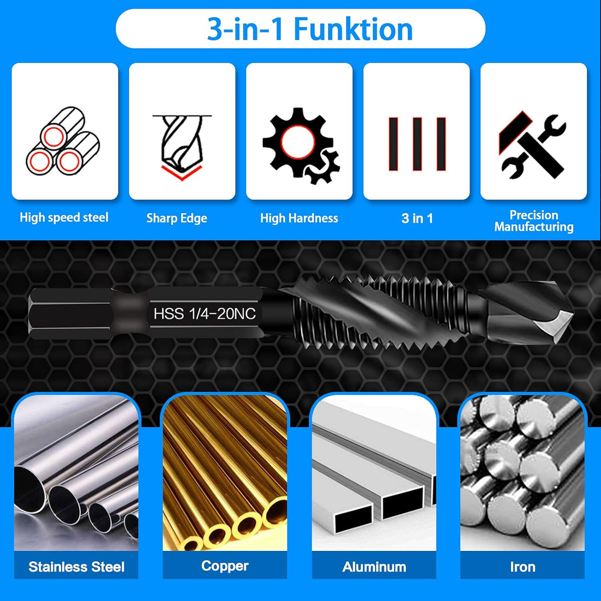 6-Piece 6-32NC Combination Drill Tap Countersink Bit Set SAE, Made of High-Speed Steel with Anti-Rust Blackened Coating, Ideal for Soft Metal, Wood & Plastic, 6-32NC Thread Size, 1/4” Hex Shank