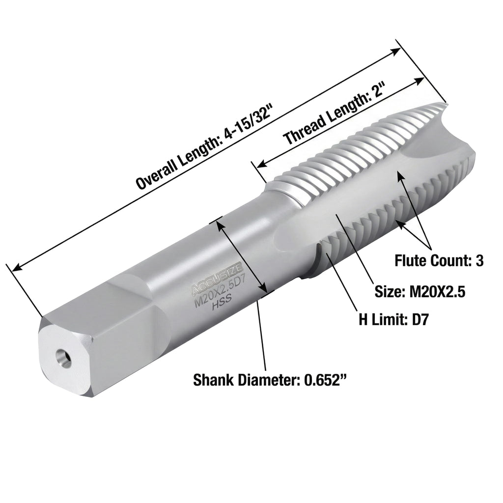 Accusize Metric Spiral Point Tap M20 x 2.5, HSS, 3-Flute