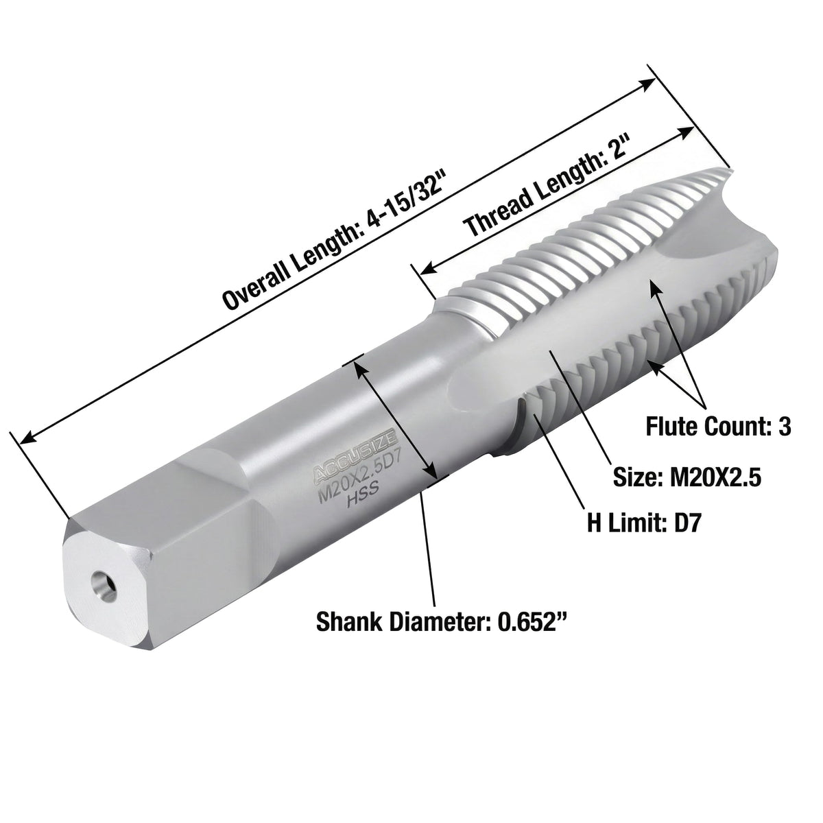 Accusize Metric Spiral Point Tap M20 x 2.5, HSS, 3-Flute