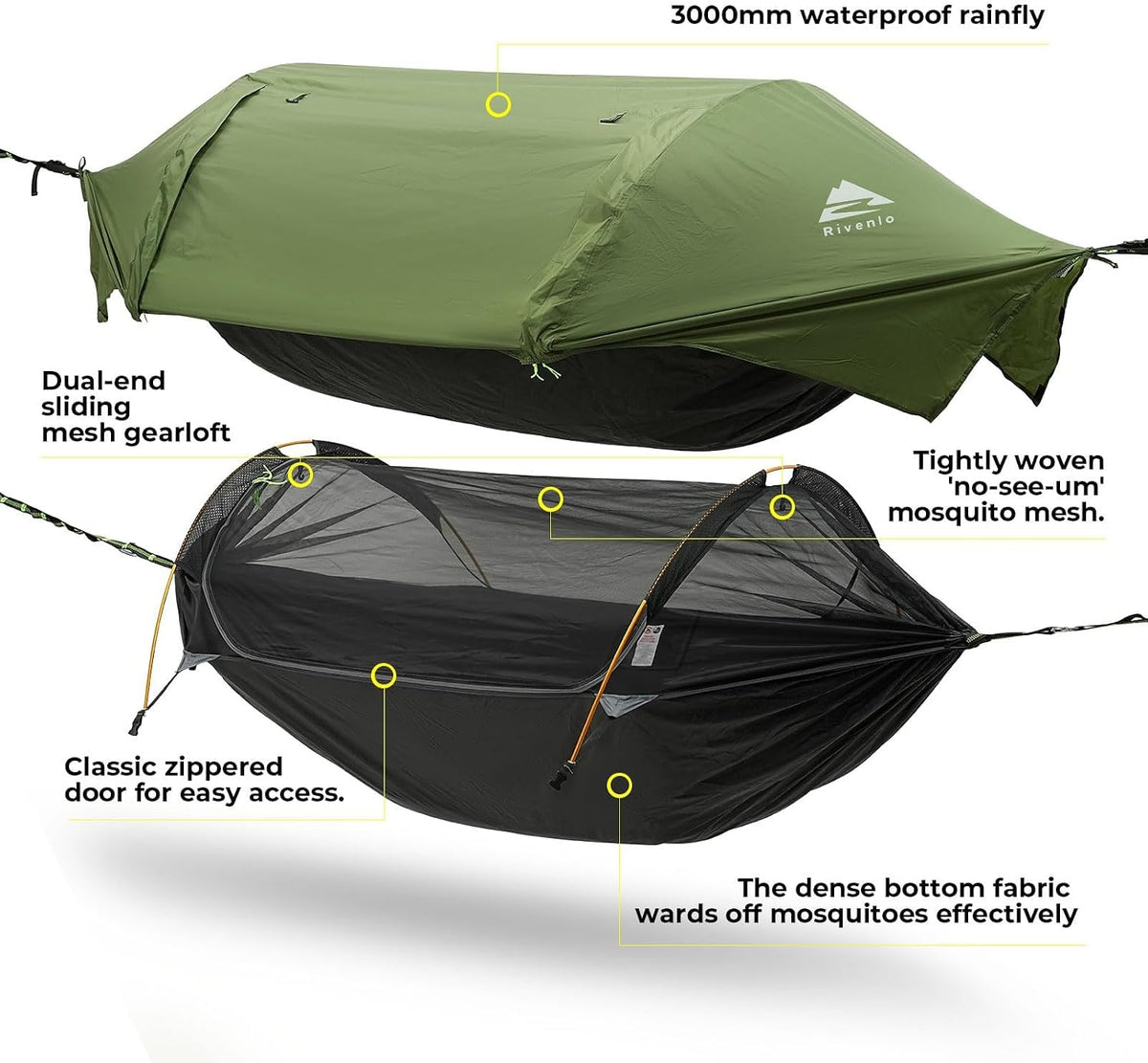 Camping Hammock Tent with Mosquito Net & RainFly, 3 in 1 Waterproof Portable Sleeping Hammock Bug Backpacker