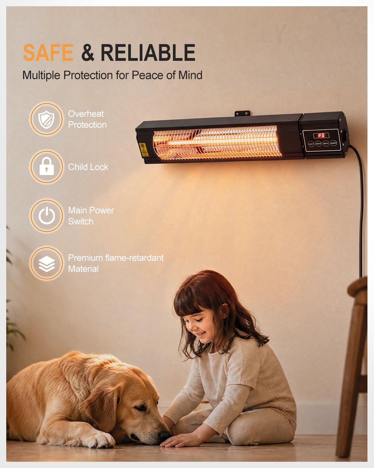 Carbon Ffiber Patio Heater, 1500W, IP65 Approved, Odorless, Wall-Mounted Heater with Remote, 15 Second Fast Heater