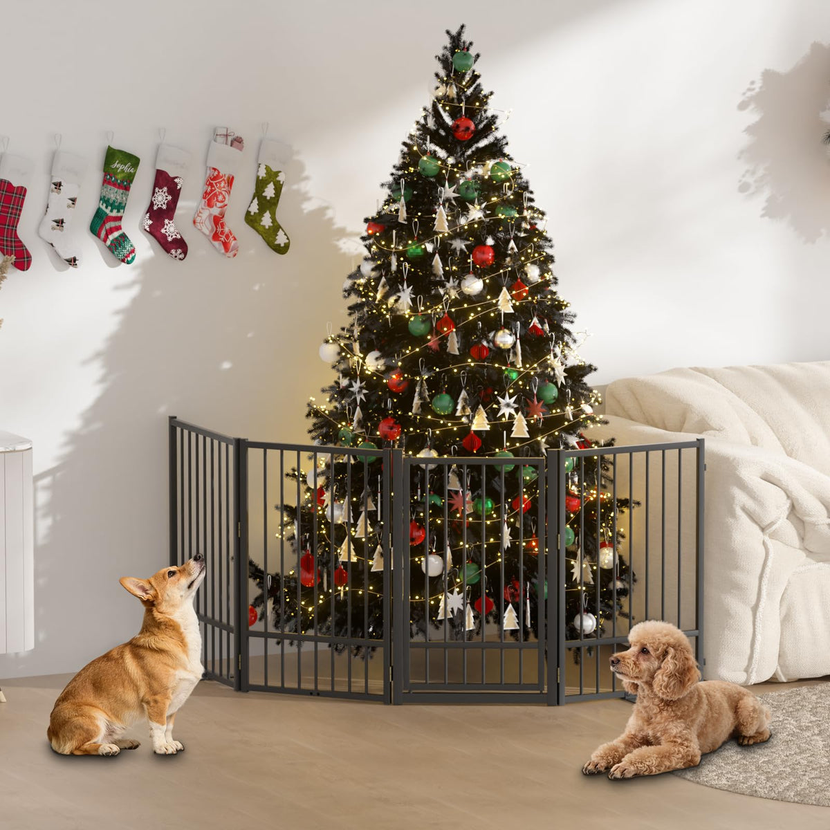 4-Panel Freestanding Heavy-Duty Steel Folding Pet & Dog Barrier Gate with Walk-Through Swing Door for Wide Indoor Openings, Hallways & Stairs