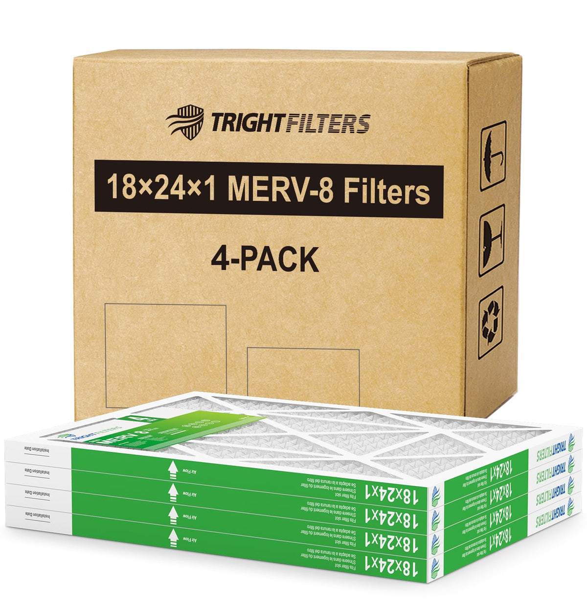18x24x1 Air Filter 4 Pack, MERV 8 Pleated HVAC Furnace Filter