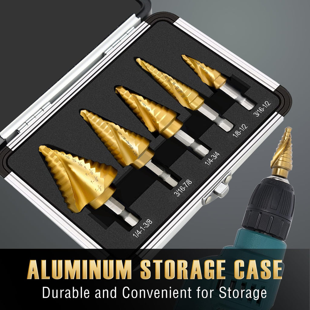 Step Drill Bit Set - 5PCS Titanium HSS Step Bit with Two Spiral Flutes