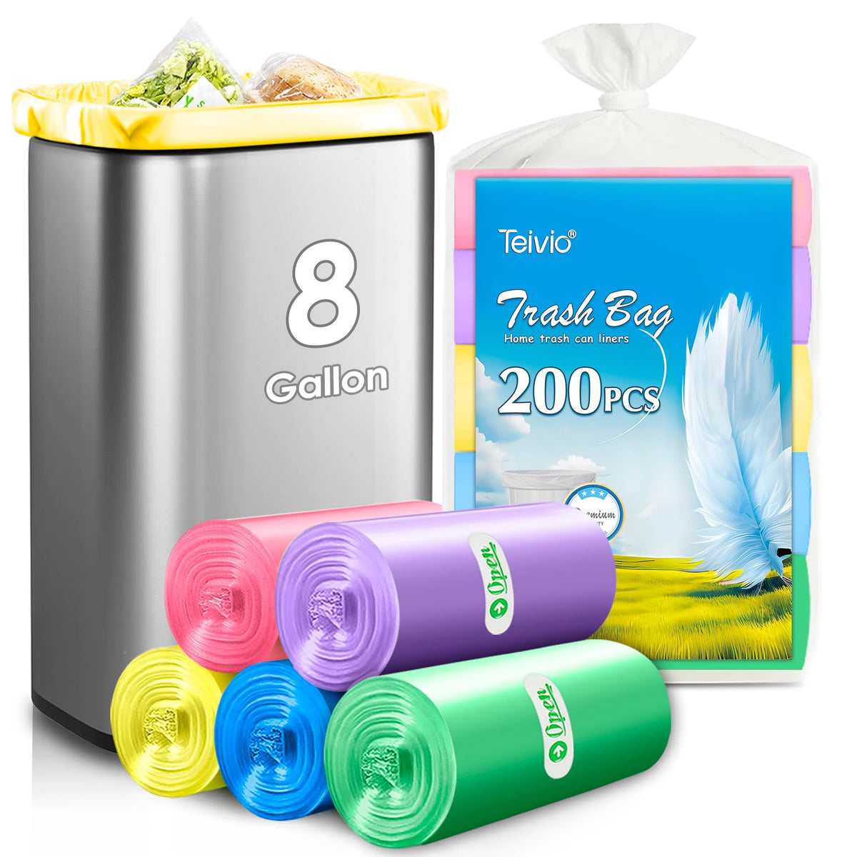 Medium Colorful Trash Bags 8 Gallon 200 Count Kitchen Garbage Bags