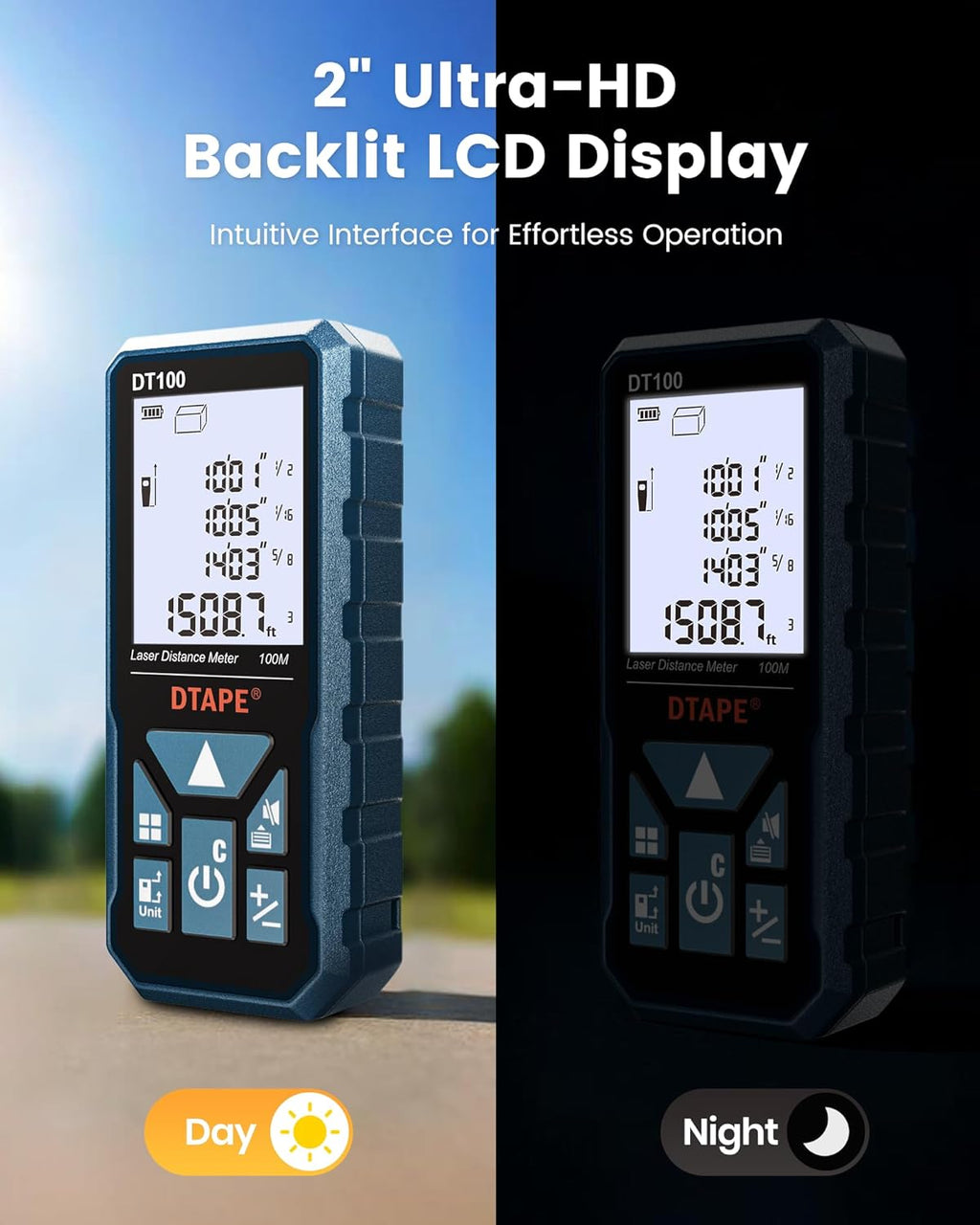 DT50 165 Ft Laser Measuring Tool, High-Accuracy Laser Tape Measure, 2" Backlit LCD Display Laser Measure