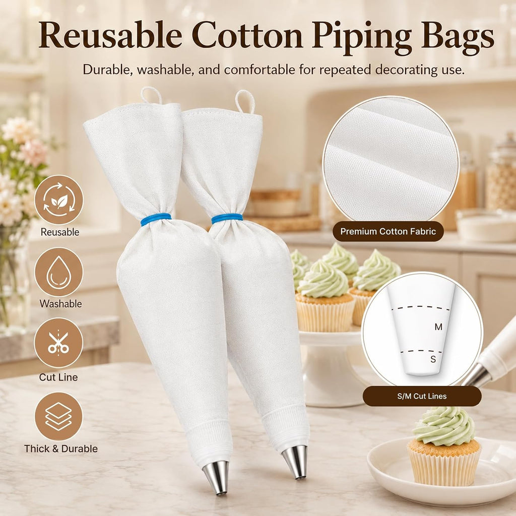 2 Reusable 16-Inch Cotton Piping Bags with Cut Lines, 7 Tips