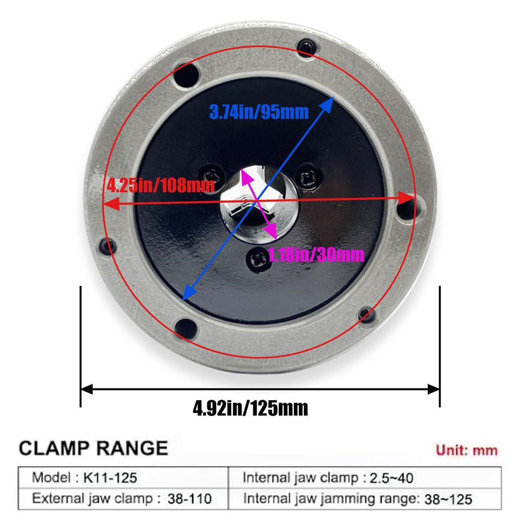 K11-125 5" 3 Jaw Self-Centering Lathe Chuck | 125mm Hardened Steel Scroll Chuck with Dual Jaw Sets (Internal 2.5-40mm/External 38-110mm) | 8x16 Mini Lathe, CNC & Milling Machines (K11-125)