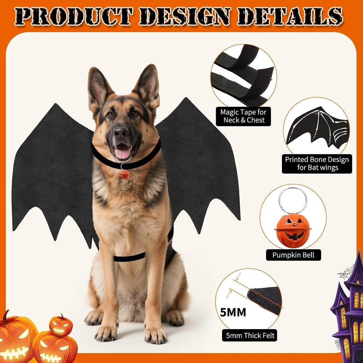 Large Dog Halloween Costumes, Adjustable Dog Bat Wings Costumes for Large Dogs with Pumpkin Bell Skeleton Print On