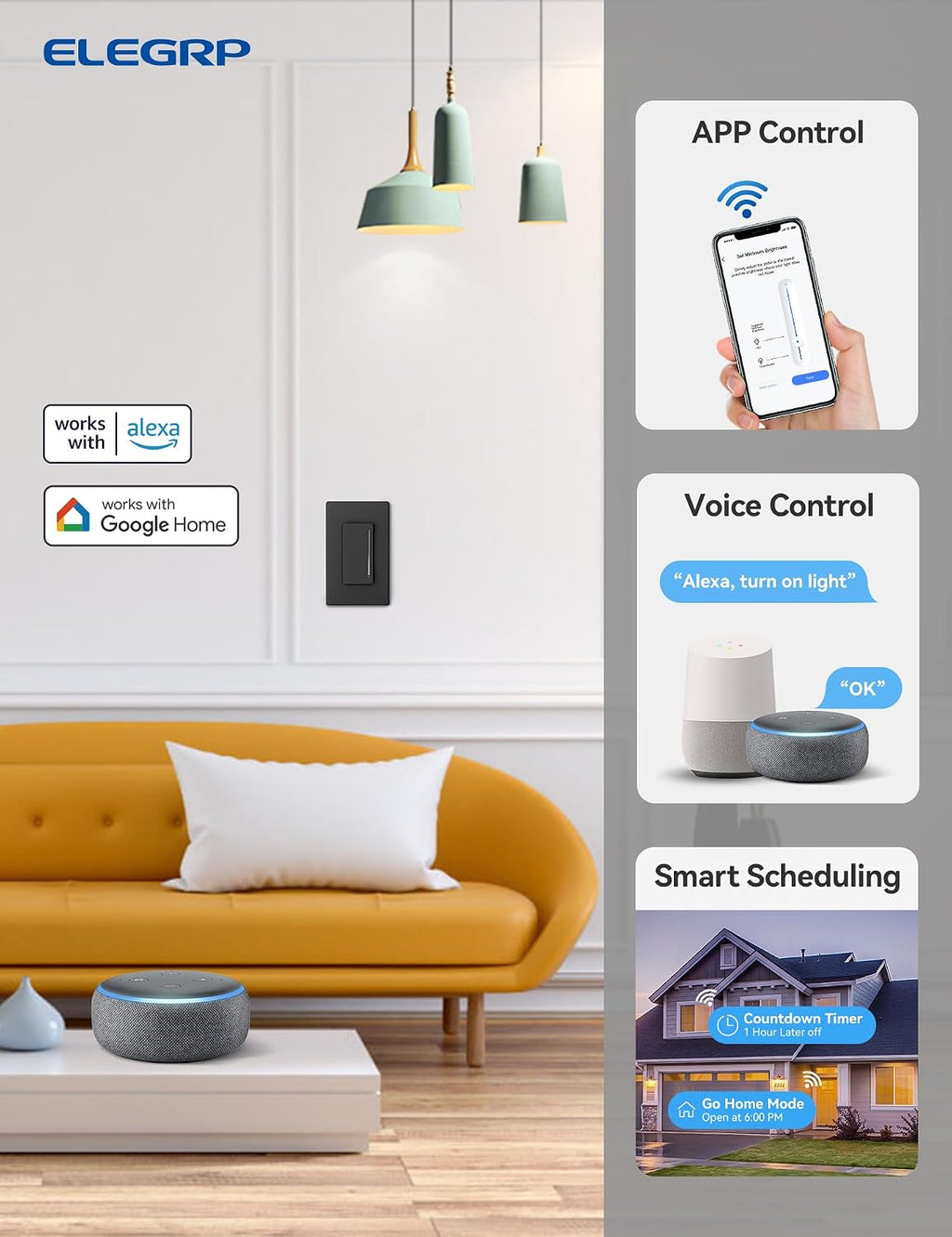 Smart Dimmer Light Switch DTR30, Single Pole or 3 Way