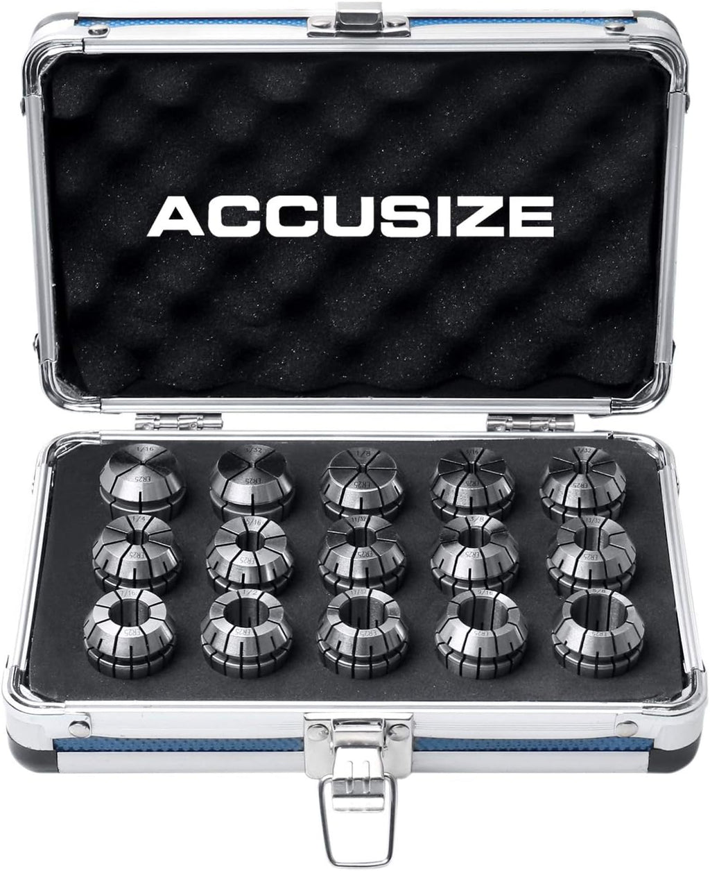Accusize Industrial Tools 15 Pcs Er25 Collets Set, Size from 1/16'' to 5/8'' in Fitted Strong Aluminum Box, 0223-0835