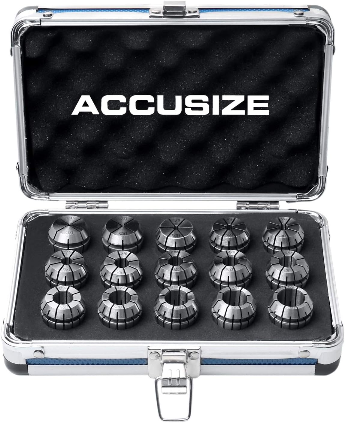 Accusize Industrial Tools 15 Pcs Er25 Collets Set, Size from 1/16'' to 5/8'' in Fitted Strong Aluminum Box, 0223-0835