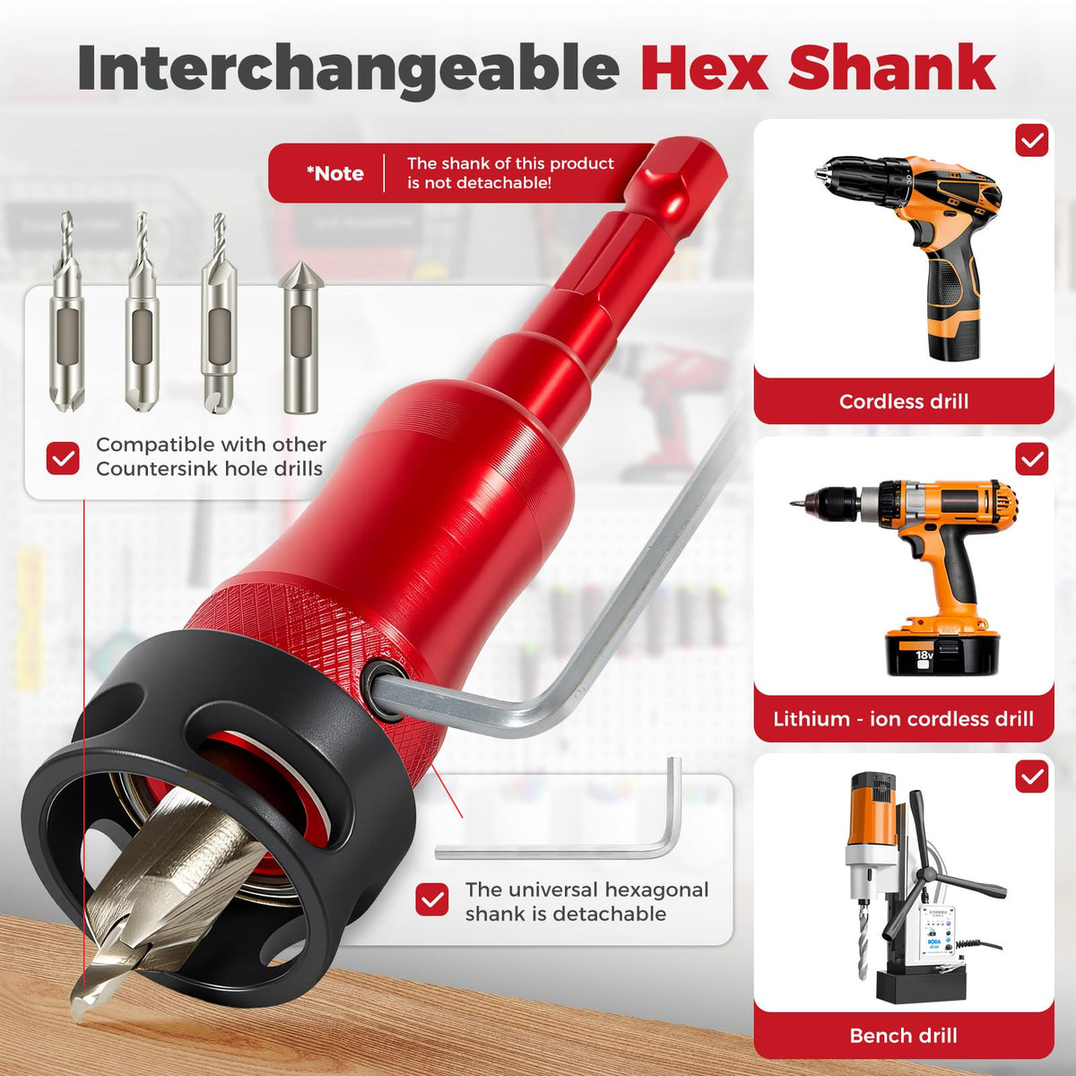 BURMONG 5-Piece Countersink Drill Bit Set with Bearing Depth Stop & Chamfer Tool, 1/4" Hex Shank Quick Change Bi-Directional Cutting Edges for Woodworking (with Adjustable Bearing Depth Stop)
