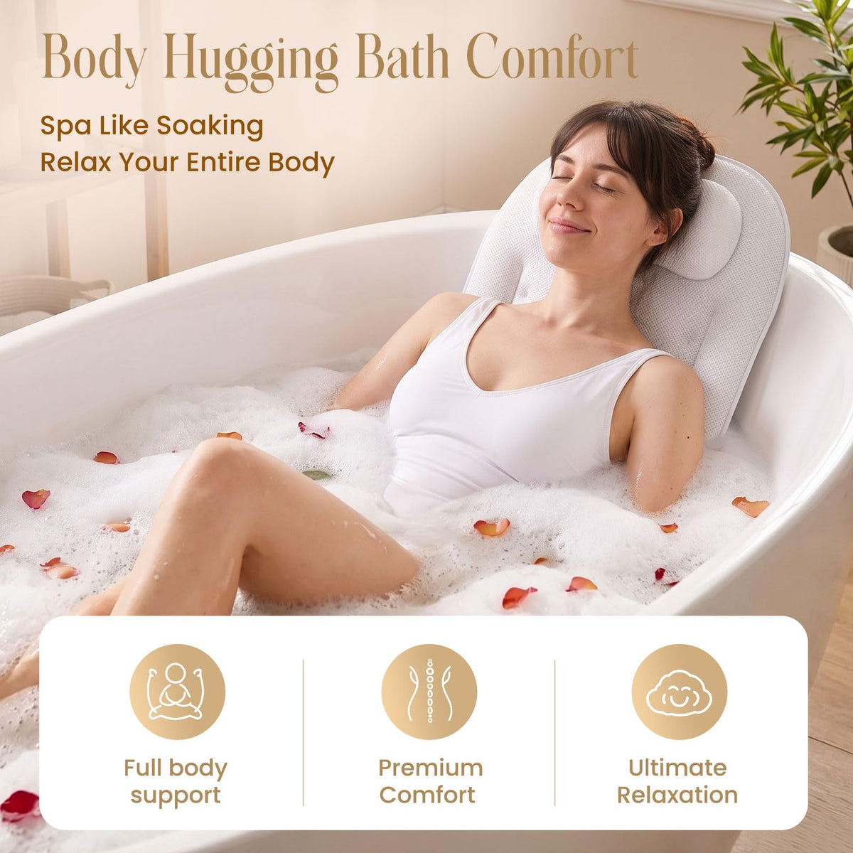 Full Body Bath Pillow for Bathtub，Bathtub Pillows for Neck Full Back Support, Thick Luxury Tub Cushion 54" x 14" White