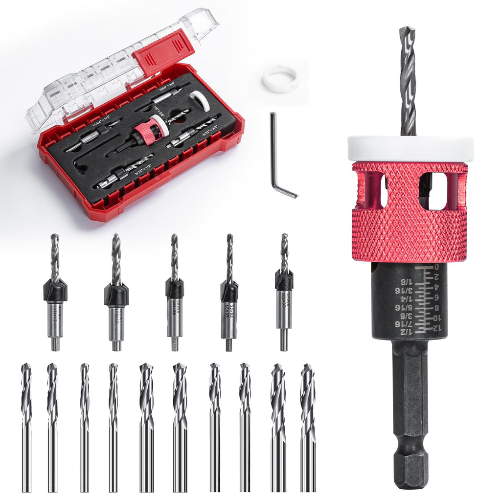 15PCS Countersink Drill Bit Set with Adjustable Depth Stop Collar for Wood