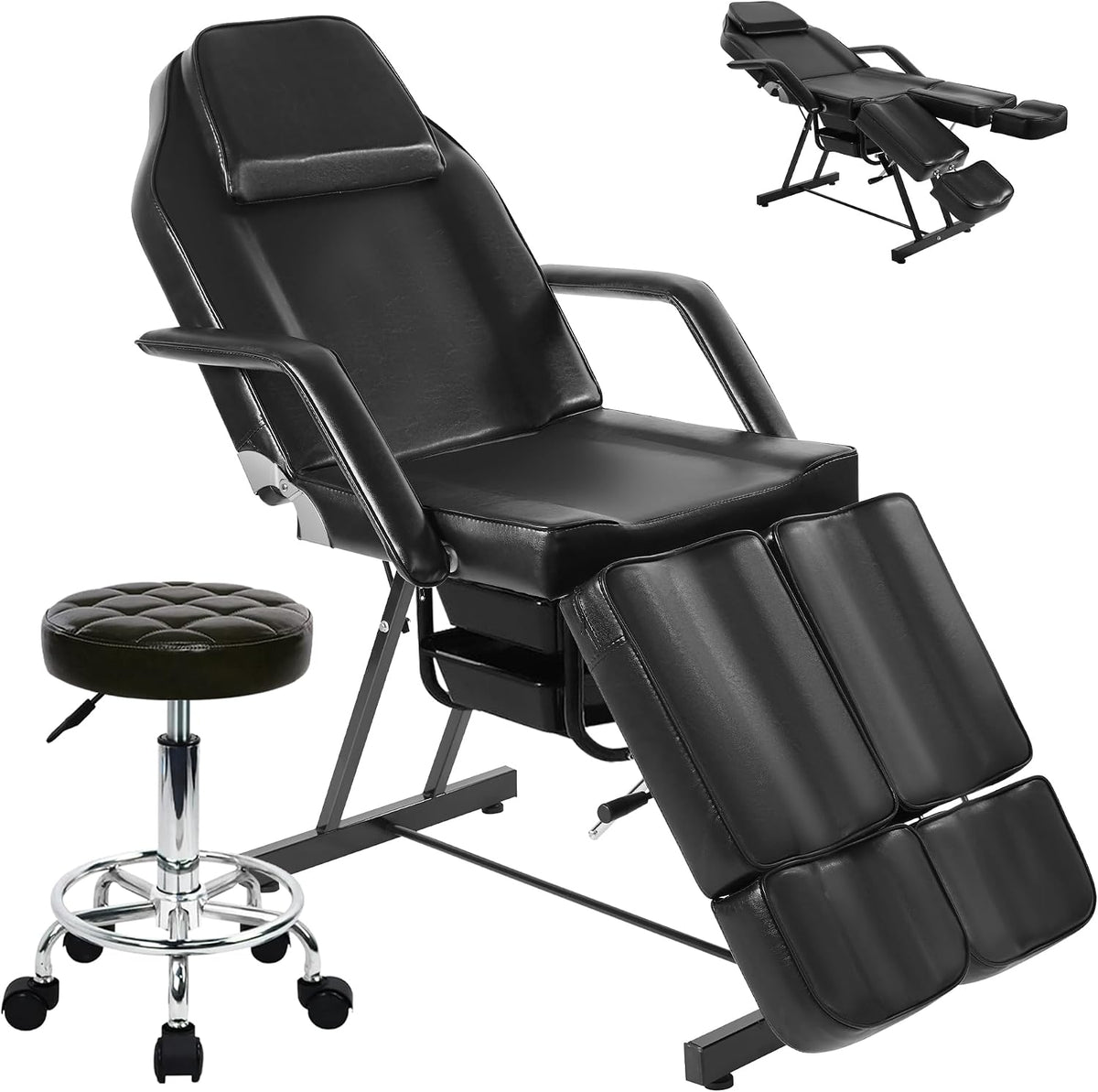 Tattoo Chair for Client, Facial Bed Esthetician Massage Headrest Table with Rolling Stool, Split Legs Design