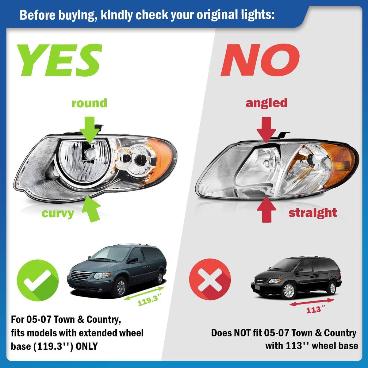 Headlights Halogen for 2005-2007 Chrysler Town & Country