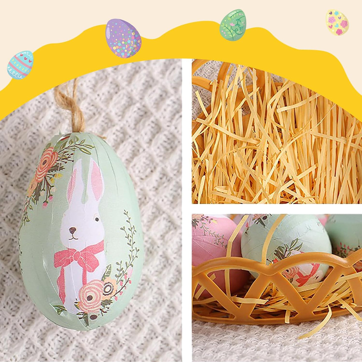 12Pcs Vintage Easter Eggs with Basket Base, Easter Decorations, Spring Ornaments, Pastel Spring Decorative Eggs for
