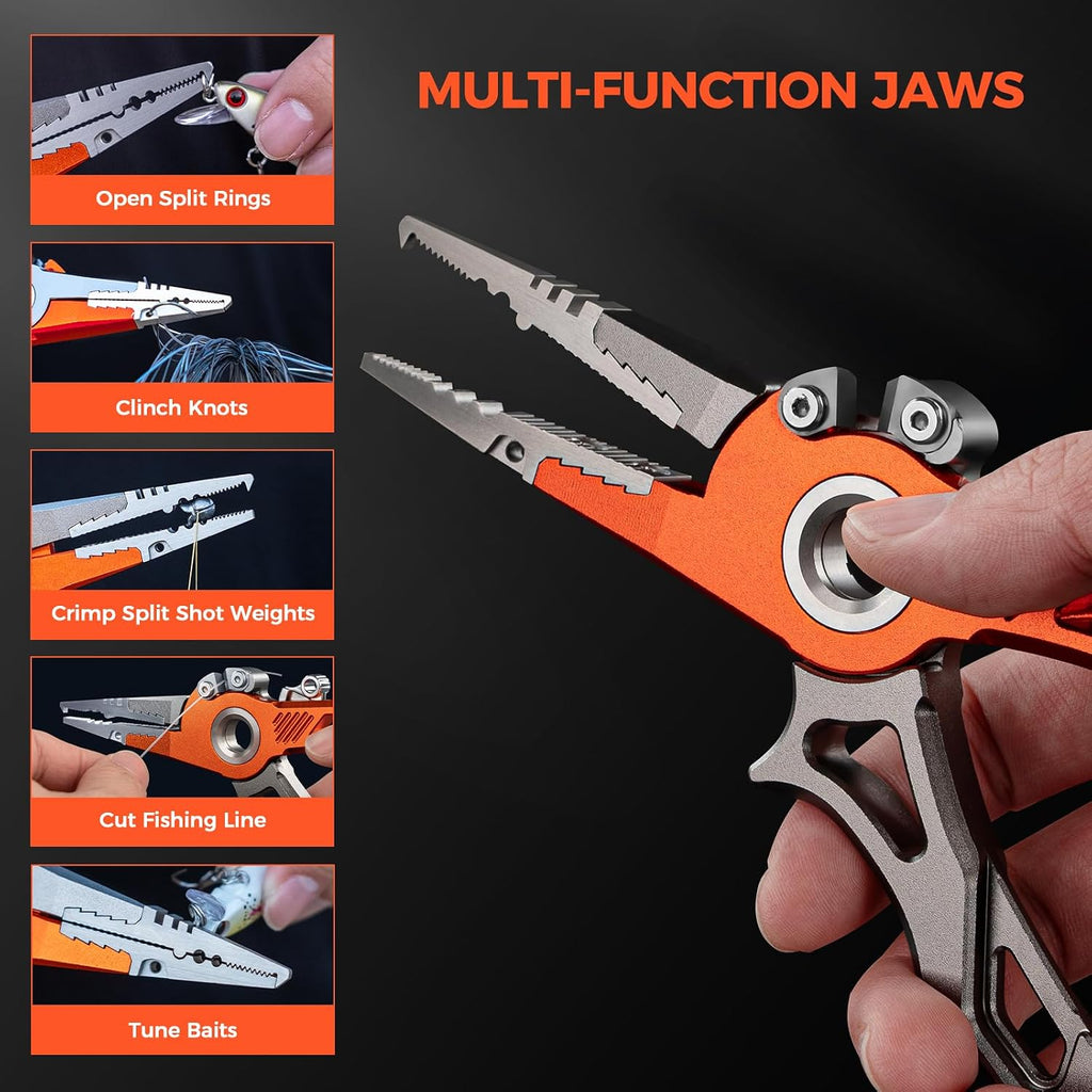AlumaStream 7.5" Aluminum Fishing Pliers & Rig Tool Combo | Hook Remover, Split Ring Pliers, Wacky & Neko Rig Plier