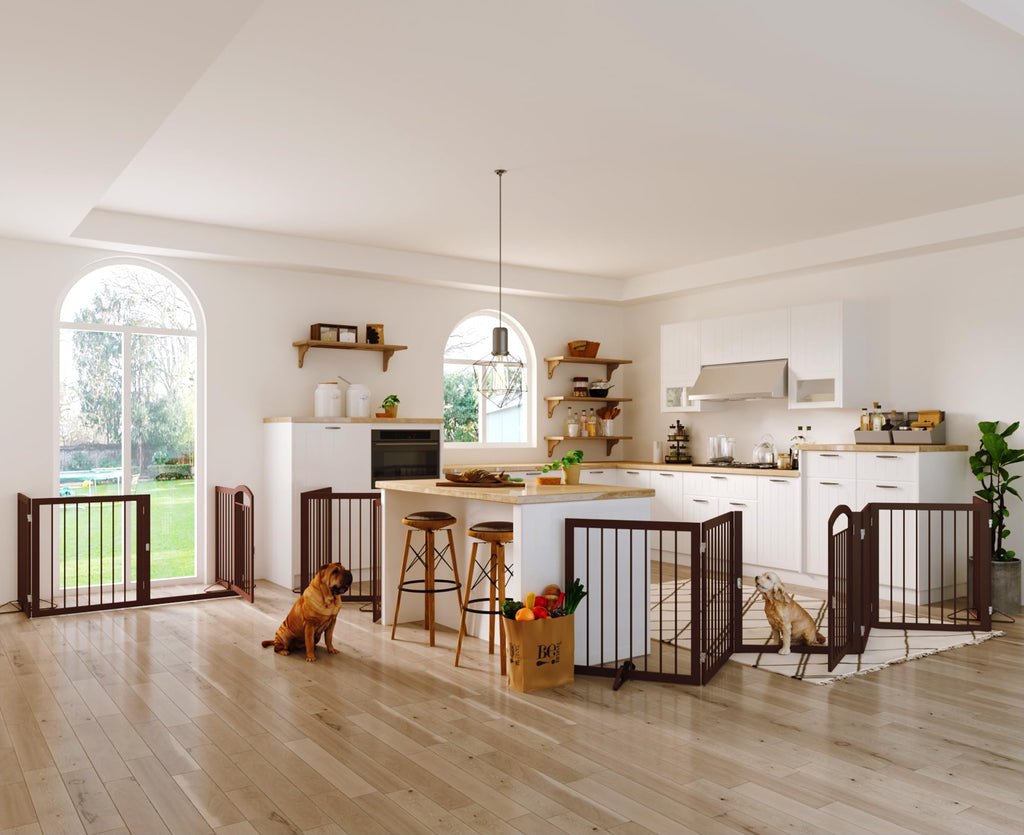 144" x 30" Tall Freestanding Heavy-Duty Steel Folding Pet & Dog Barrier Gate with Walk-Through Swing Door for Wide Indoor Openings, Hallways & Stairs