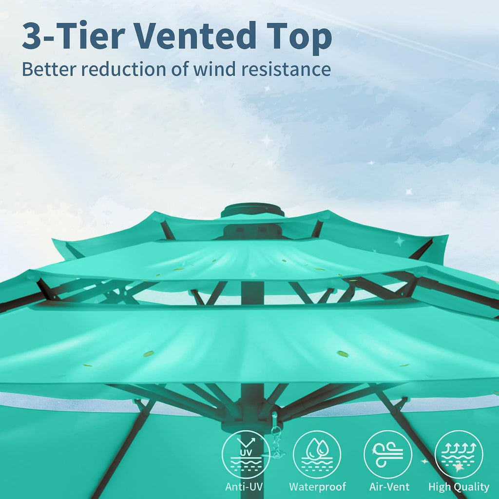 9FT 3 Tiers Patio Umbrella With Auto Tilt And Crank, Outdoor Table Market Umbrella with 8 Sturdy Ribs for Garden