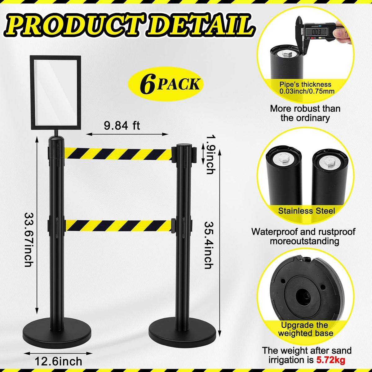 6 Pcs Crowd Control Stanchions Set, Double Retractable Safety Belt, Heavy Duty Stainless Steel Crowd Control Barrier