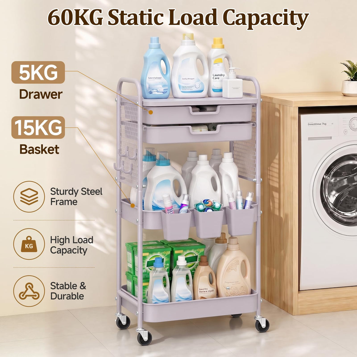 3 Tier Rolling Cart with 2 Drawers, Metal Utility Storage Carts with Wheels
