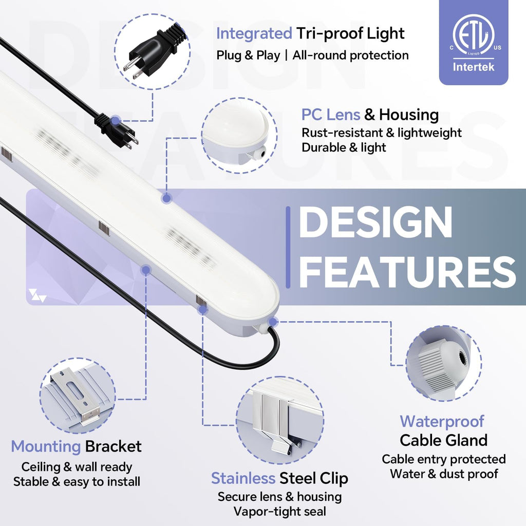 JTT 4FT LED Vapor Tight Light with Plug, 60W 7800LM 5000K, 120-277V, ETL