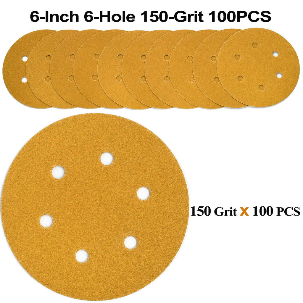 Aiyard 6-Inch 6-Hole Hook and Loop Gold Sanding Discs 150-Grit, 100-Pack