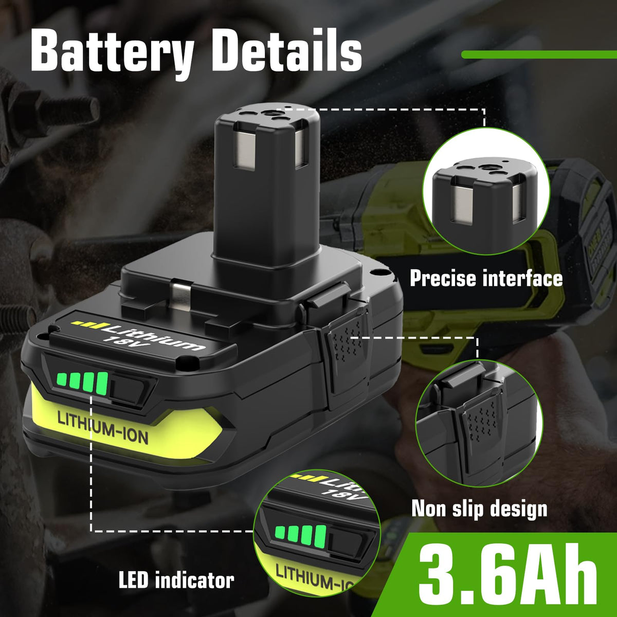 2 Packs 18 Volt 3.6AH Replacement for Ryobi 18V Battery 3600mAh(Green)