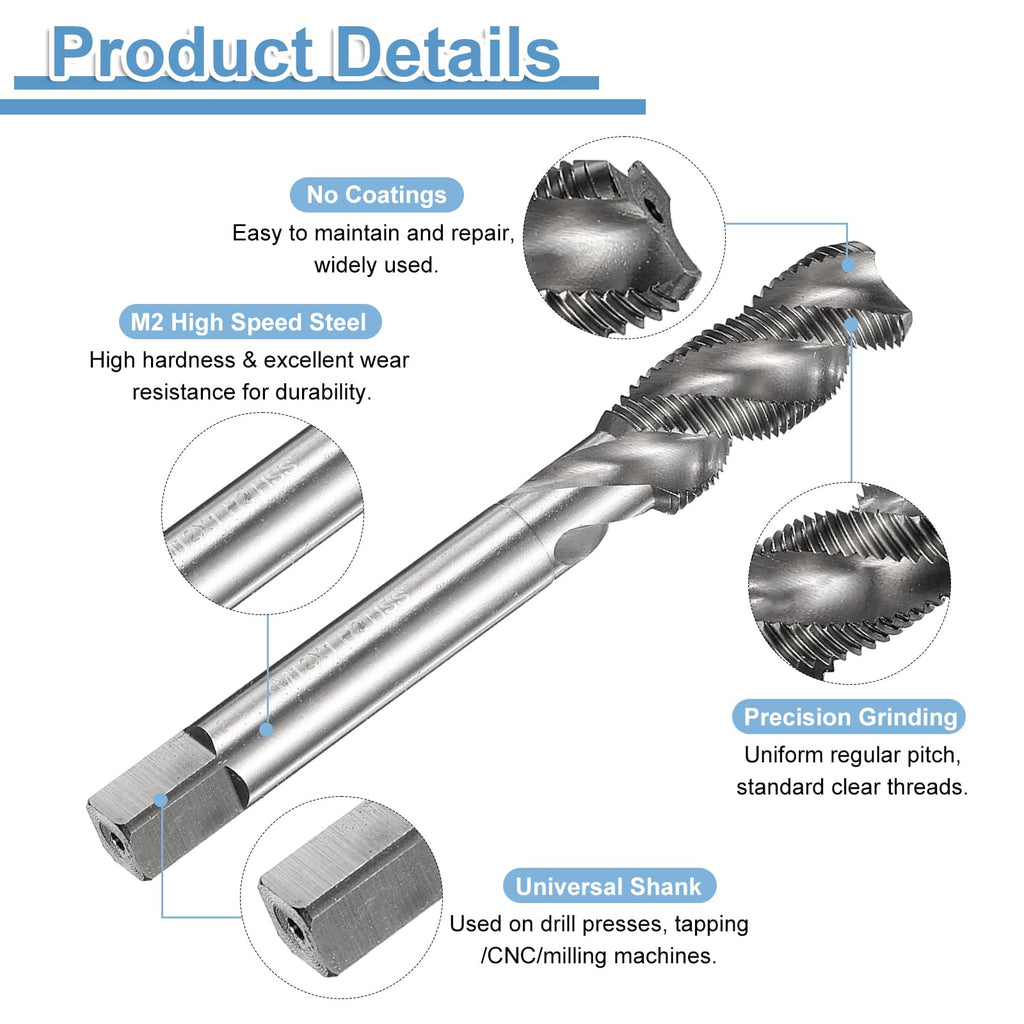 uxcell Spiral Flute Thread Taps M12 x 1 H2 Metric Machine Threading Tap Bit, Uncoated Screw Tapping Repair Tool, M2 High-Speed Steel (HSS)