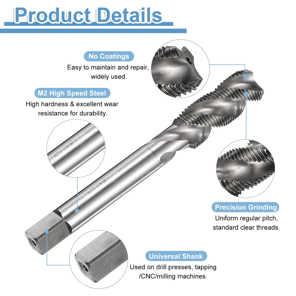 uxcell Spiral Flute Thread Taps M12 x 1 H2 Metric Machine Threading Tap Bit, Uncoated Screw Tapping Repair Tool, M2 High-Speed Steel (HSS)