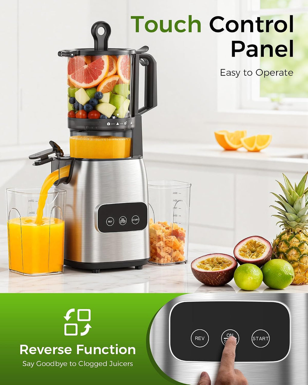Cold Press Juicer, Advanced Touch Controls Juicer Machines with 5.4" Wide Feed Chute, Quiet Motor High Juice Yield