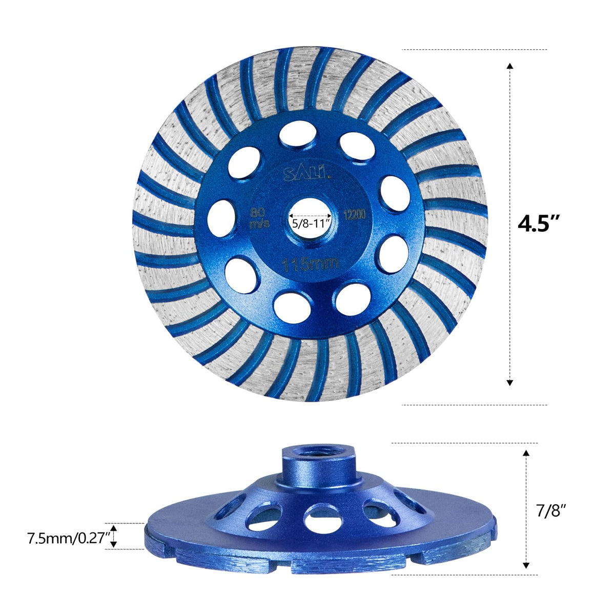 SALI 4.5 Inch 5pcs Concrete Grinding Wheels 27 Turbo Diamond Segments 5/8-11 Arbor Diamond Grinding Wheel Fit for Paint, Epoxy, Mastic Coating Removal