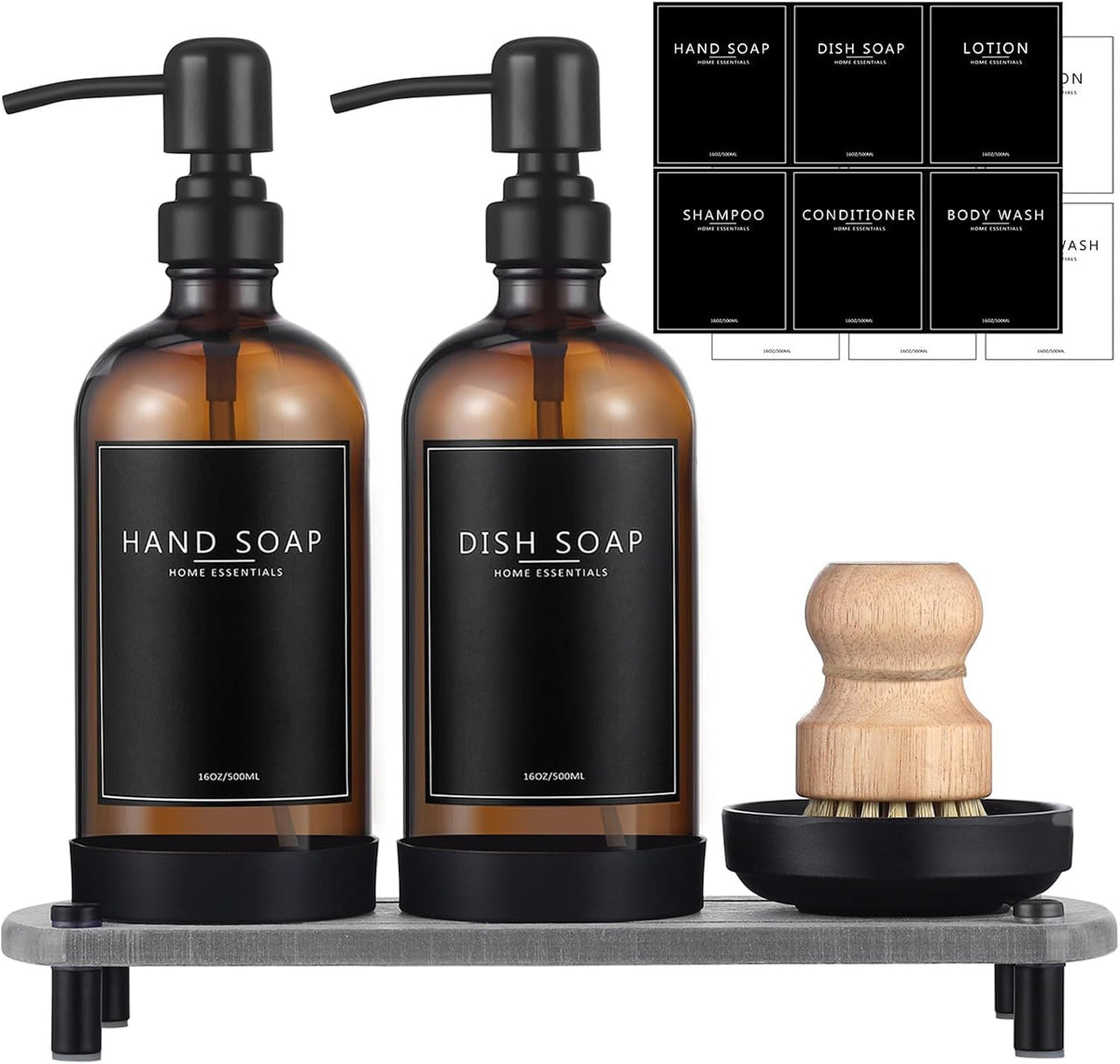 Kitchen Soap Dispenser Set with Instant Dry Tray,16 Oz Hand and Dish Soap Amber Glass Dispenser Set,Stainless Steel