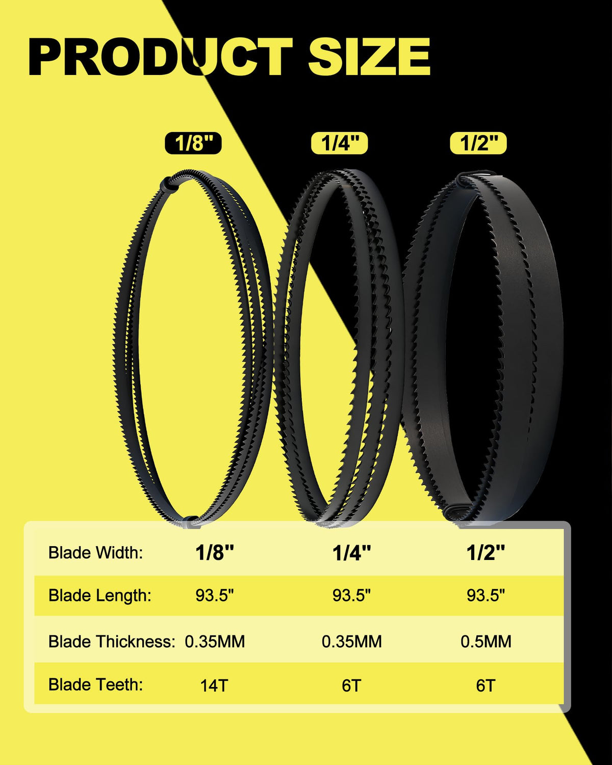 DARTOTEK 93-1/2 Inch Band Saw Blades Assortment for Woodworking, Premium SK5 Carbon Steel Bandsaw Blade 3-Pack (1/2" 6TPI, 1/4" 6TPI, 1/8" 14TPI), Fits Most 14" Band Saws for Resawing & Contour Cut