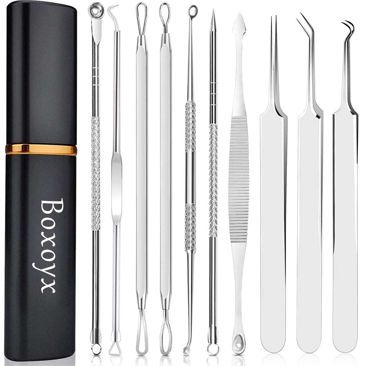 Pimple Popper Tool Kit - Boxoyx 10 Pcs Blackhead Remover Comedone Extractor Kit with Metal Case for Quick and Easy